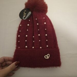 Topshop Burgundy Beanie with Pearl Details